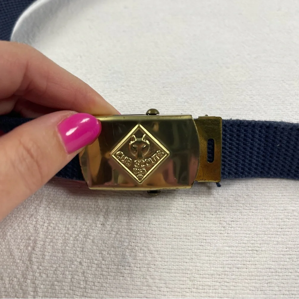 Cub scouts USA belt brass buckle with 10 award merit badges achievement slides